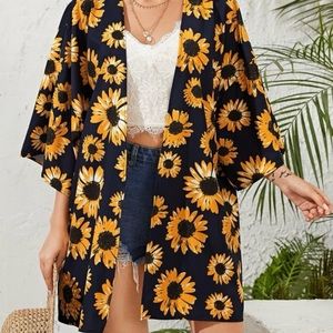 Navy and yellow sunflower cover up, wrap, kimono